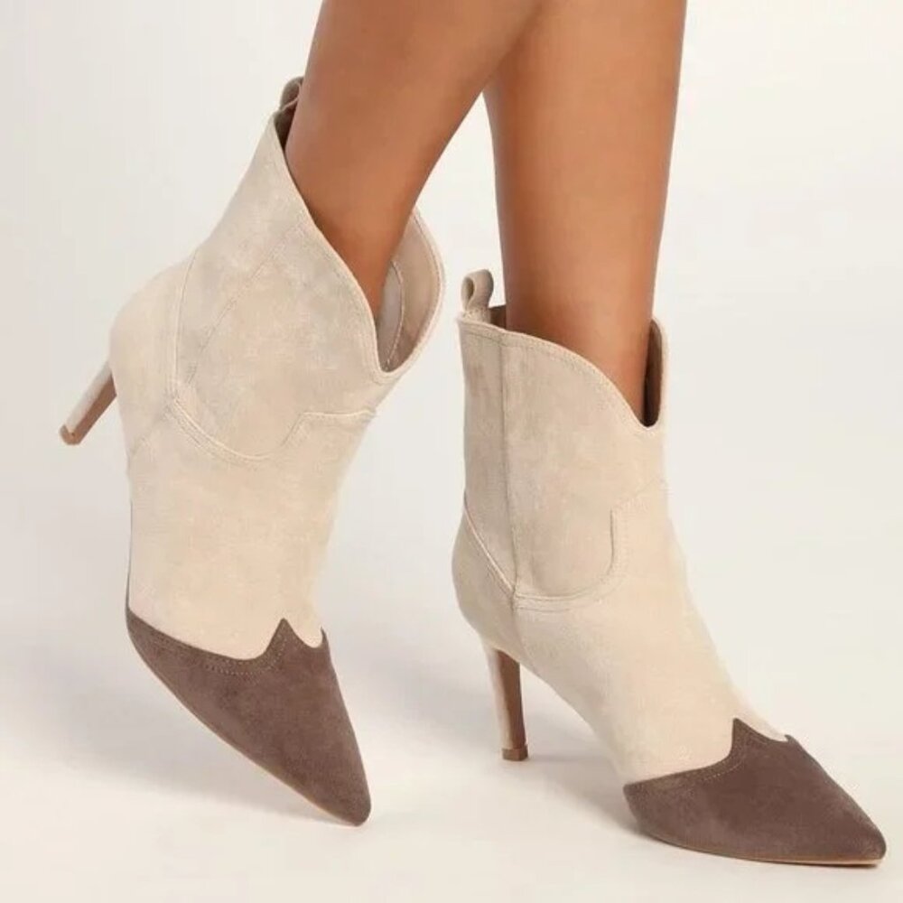 Western Chic Stiletto Cowboy Boots – Two-Tone Suede Pointed Toe